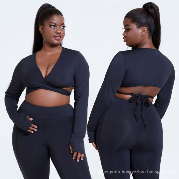 Women plus size athletic wear criss cross top and leggings set fitness clothing long sleeve heavyset black yoga set